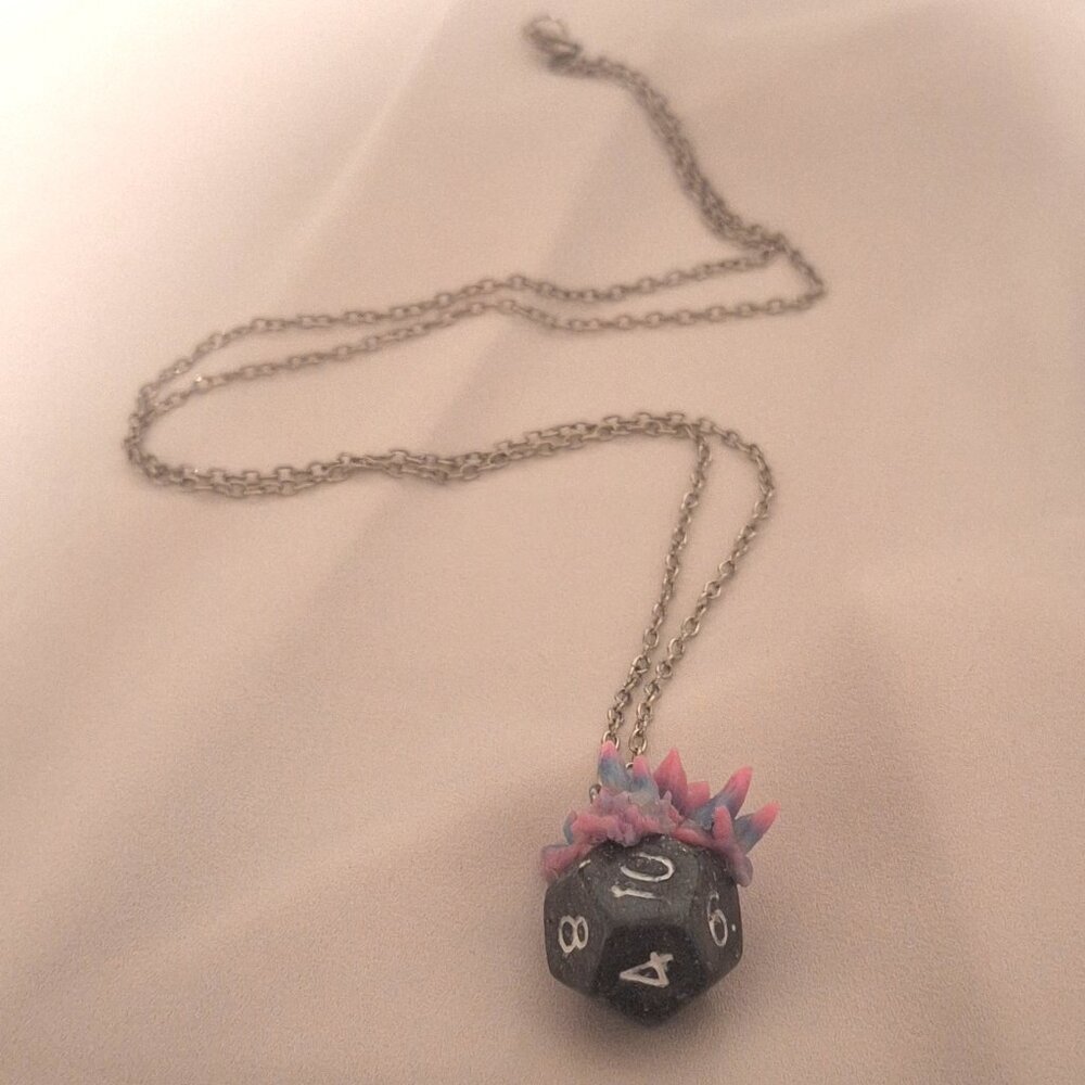 Artisan Handmade DnD D12 Dice Resin Necklace with Polymer Clay Crystals